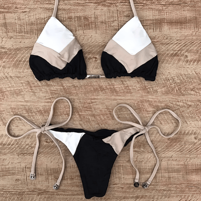 Printed Sexy Women's Lace Up Swimsuit with patchwork design, low-waisted, nylon material, featuring integrated pad for comfort.
